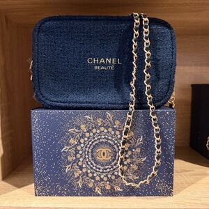 GWP Chanel Navy Blue Cosmetic Bag with Unbranded Gold Chain & BOX